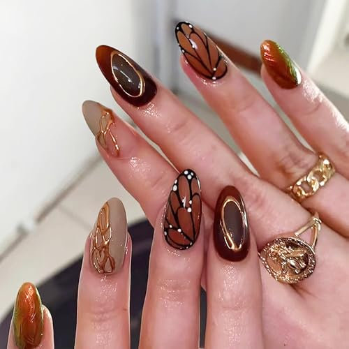 Yeomju Press On Nails with Butterfly Design, Pack of 24 Stick-On Fingernails, Includes Jelly Sticker and Nail File, Perfect for Parties and Holidays