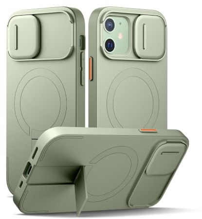 SURITCH Magnetisch hülle Kompatibel mit iPhone 12/12 Pro, Stoßfest Handyhülle Kratzfest Schutzhülle mit Kameraabdeckung schieben und verstellbarem Kickstand(Khakigrün)