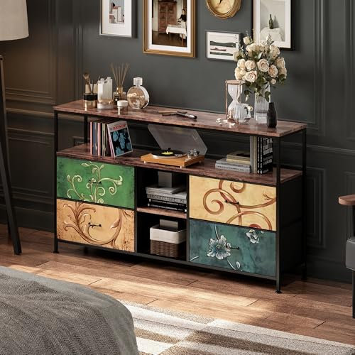 JiaOyu Mueble de TV con iluminación LED y 4 cajones de tela, armario bajo retro para televisores de hasta 55 pulgadas, mesa de televisión multifuncional con compartimentos abiertos para sala de estar