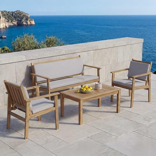 Mendler Garten-Garnitur HWC-O19 Holz Akazie - Kissen grau | Lounge-Set, Sitzgruppe, Bank, Sessel, Tisch, FSC®, Stoff/Textil, (180g/m²)
