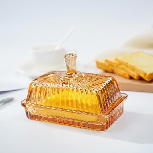 Champagne Glass Butter Dish with Lid for Countertop | Vintage Glass Butter Dish with Cover and Long Handle for Refrigerator, Cute Crystal Covered Holder Tray, 6.3