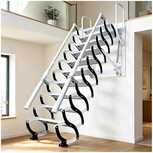 9 gradini Scala pieghevole per soffitta 43cm, Scala retrattile a muro con 2 corrimani, 9 gradini antiscivolo, capacità 300kg, Per altezze 2.2-2.3m (9 gradini)