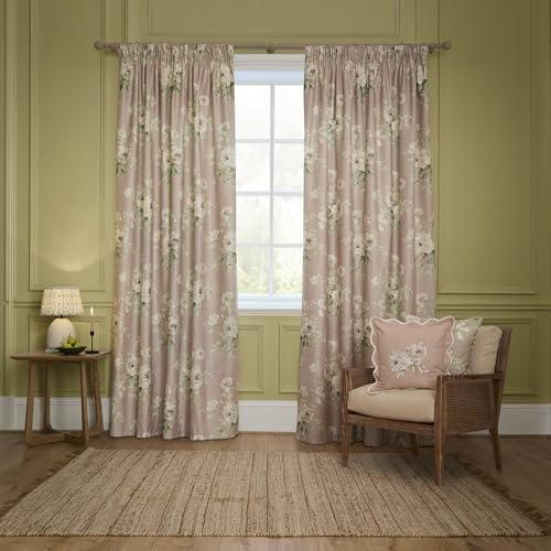 Sanderson Adele Room Darkening Pencil Pleat Curtain Pair – Botanical Floral Peony Lined Chenille Drapes (Rose - 168x137cm)