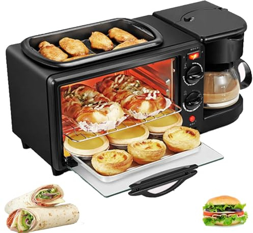 XSDAJSD Máquina de Desayuno 3 en 1 (Sartén + Horno + Cafetera), Tostadora multifunción de 1100 W (9 L), Temporizador de 30 Minutos + Control de Temperatura de 100-230 °C, Revestimiento Antiadherente