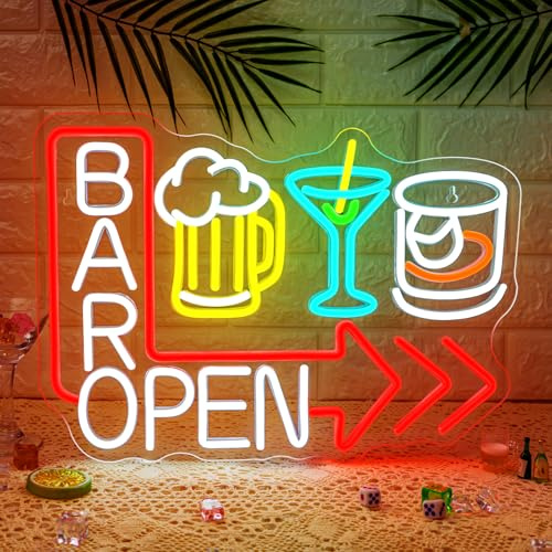 ineonlife Bar Open Neon Cartello rosso bar aperto segnale LED Beer Cocktail Neon Sign per decorazione da parete bicchiere di vino cartelli luminosi per bar, bar bar bar taverna, club, feste, cocktail