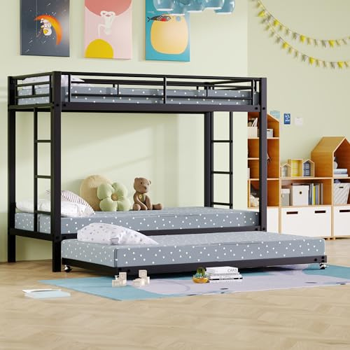Zravenna Dreier Hochbett Etagenbett 90x200cm mit Ausziehbett und Leiter, Kinderbett für 3 Kinder mit hohe Geländer, Familienbett Eisenrahmenbett, ohne Matratze (Schwarz)