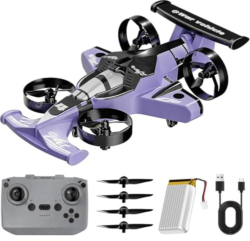 RC Plane Drone for Kids, 2-in-1 fliegender RC-Car-Drohne mit LED Lichtern, Wiederaufladbares RC Quadrocopter mit 360° Flips & Schweben, 2.4Ghz 3-Gang-Flug-Stunt-Auto für Kinder und Anfänger (Violett)