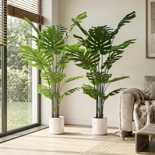 BEAUTYPEAK 140cm Monstera Künstliche Pflanze Wie Echt mit Weißem Topf | Kunstpflanze in Dichtes Laubwerk, Biegbare Blätter, Zimmerpflanze Deko für Wohnzimmer, Balkon,Büro,Flur, 2 Stück Fake Plants
