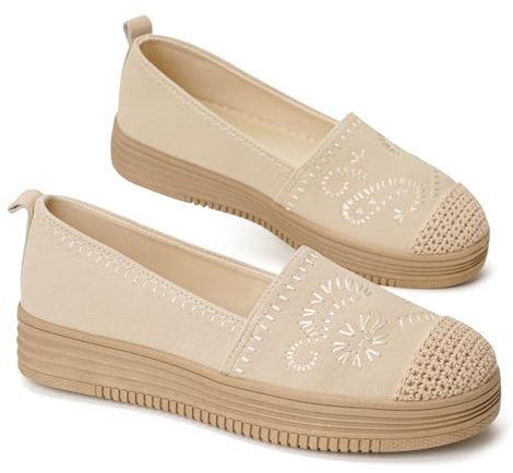 GLAMORA Bailarinas Mujer Manoletinas Merceditas Slip On Lona Zapatos Planos Plataforma Baja Zapatillas Casual Cómodas Primavera Verano Puntera Crochet Estilo Esparto con Detalle Bordado beige-39
