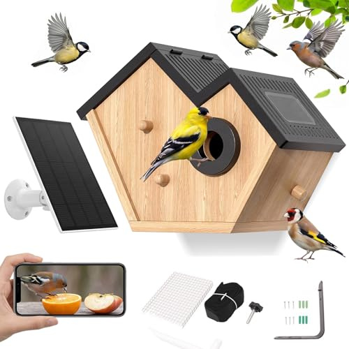 Intelligenter Nistkasten mit Kamera, Solarbetriebenes Vogelhaus mit Kamera | Nistkasten für Vögel für Draußen Wetterfest, Papageien Futterhaus für Vögel, KI-Vogelerkennung, Nachtsicht, Live-Ansicht