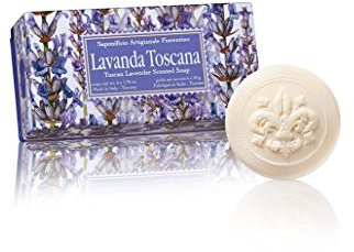 Lavendelseife, rund 6 St 50g, handgemachte italienische Seife aus Fiorentino, mit dekorativer Prägung