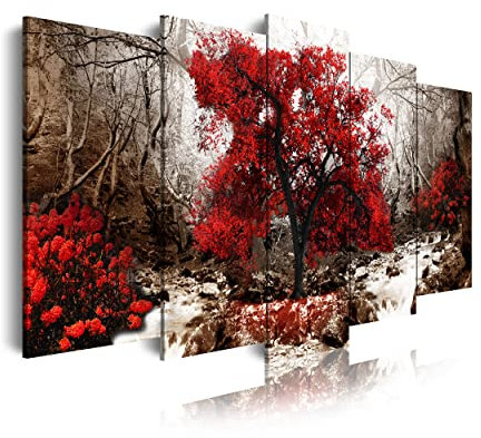 DekoArte 258 - Impression Sur Toile Moderne D'Images Artistiques | Toile Décorative Pour Votre Salon Ou Votre Chambre | Style Paysage avec Des Arbres Rouges Fond Ocre Nature | 5 Pièces 150 x 80 cm