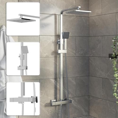 Architeckt® Bathroom Thermostatic Mixer Shower Square Rainfall Drencher Head Handset Adjustable Riser Rail & Exposed Bar Valve Wall Mounted, Chrome