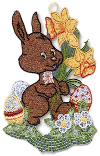 Plauener Spitze Fensterbild Ostern Osterhase Osterglocken Bunt Spitzenbild 16x25 cm + Saugnapf