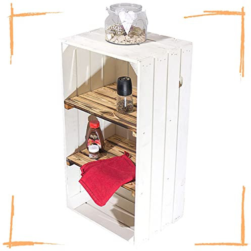Moooble 2er Set Weiße Regalkiste mit 2 geflammten Mittelbrettern 68cm x 40cm x 31cm Zwischenbretter flambiert Obstkiste Weinkiste Klassisch Schuhregal Bücherregal Kistenregal Einlegeböden