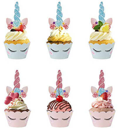 Cupcake Toppers Einhorn Kuchenaufsätze Doppelseitig Cupcake Wrappers für Geburtstagsparty Hochzeiten Babypartys Kuchen Dekorationen 24 Stück