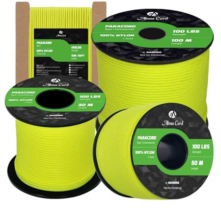 Abma Cord Paracorde 2mm Corde 50m 100% Nylon 1 Brin Type I Corde de Survie, Corde Extérieure - Max. 45 kg - Néon Jaune