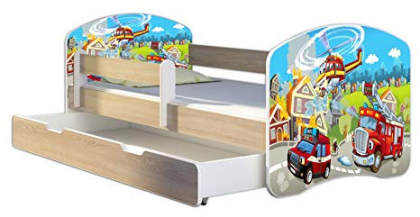 Kinderbett Jugendbett mit einer Schublade und Matratze Sonoma mit Rausfallschutz Lattenrost ACMA II 140x70 160x80 180x80 (36 Feuerwehr, 180x80 + Bettkasten)