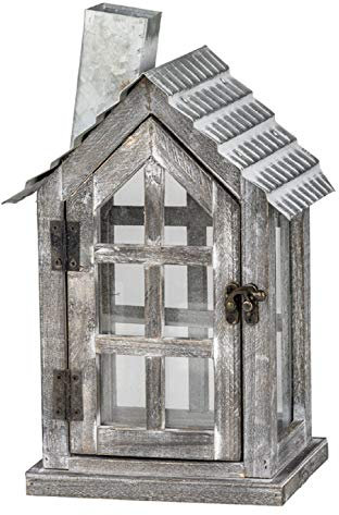 ETC dekorative Gartenlaterne Tischlaterne Garten-Windlicht aus Holz mit Metalldach in Haus-Form in 2 Farben Shabby grau und Shabby weiß (Shabby grau, klein)