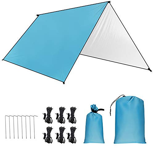 Toldo Camping 3 x 3 m, GROOFOO Camping Impermeable Lona de 2000 mm Hamaca Tienda de Campaña con Cuerdas y Clavijas, Portátil Tarp de UV Protección para Acampar, Picnic, Senderismo y Al Aire Libre