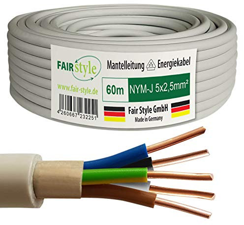 Fair Style 60m NYM-J 5x2,5 mm² Mantelleitung Feuchtraumkabel Elektrokabel Kupfer Made in Germany