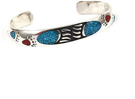 SILVERFOX Indianerschmuck Chip Inlay Armreif Bärentatzen Türkis Koralle Westernschmuck Indianer Schmuck