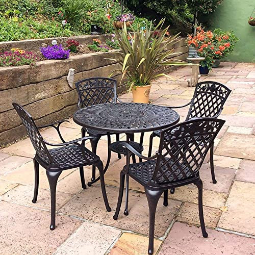 Lazy Susan 88 cm Runder Mia Gartentisch in Antik Bronze mit 4 Rose Stühlen und beigen Sitzkissen | Nachhaltiges Sandguss-Aluminium | Wetterfest | Rostfrei | Wartungsarm | 3 Jahre Garantie
