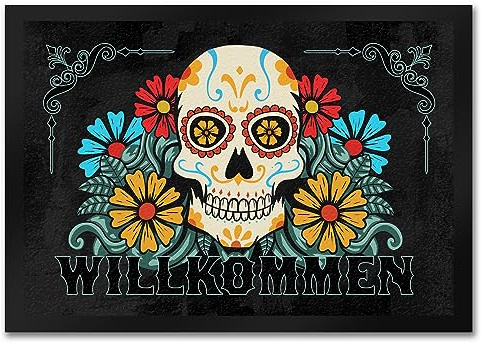 speecheese Willkommen Fußmatte in 35x50 cm mit Totenkopf und Blumenmotiv bunter Fußabstreifer mit Totenschädel kreative Dekoration für den Hauseingang