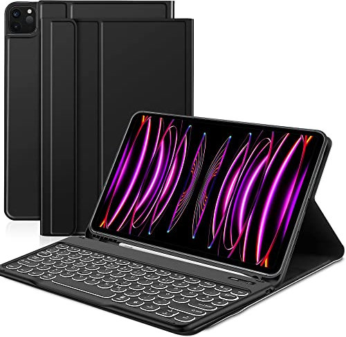 JANOLTY Tastatur Schutzhülle für iPad Pro 11 Zoll 2022/2021/2020/2018, AZERTY-Tastatur, kabellos, für iPad Air 5 2022 & iPad Air 4 10,9 Zoll 2020, Tastatur mit Hintergrundbeleuchtung, Schwarz