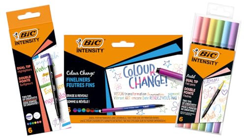 BIC Intensity Stifte Set à 18: 6 Dual Tip Brush Pen Pastell Filzstifte, 6 Fineliner 'Colour Change' und 6 Dual Tip Brush Pastell Textmarker