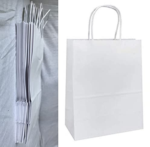 VEZODEK 10 Stück Papiertüten mit Henkel 24x20x8cm, Es Kann wie Verwendet werden Popcorn Tüten, Kraftpapier, Geschenktüten Kindergeburtstag, Butterbrottüten, Brottüten, Partytüten (Weiß)