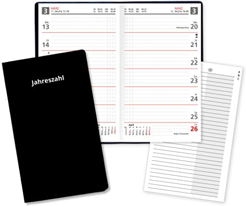 Wochentaschenkalender 26 Sekunda 2026 Taschenplaner in Rot mit Adressheft und PVC Einband in Schwarz Made in Germany
