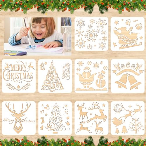 10 Stück Weihnachten Schablone, Malerei Schablonen Weihnachten Malvorlagen, Malschablonen aus Kunststoff, Wiederverwendbar DIY Schablonen für Kinder Weihnachten zum Gestalten von Grußkarten