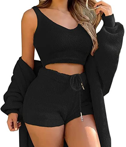 Minetom 3-Teiliges Lounge-Set Für Damen Plush Pyjamas Loungewear-Outfits Crop Tops Mit U-Ausschnitt Und Hoher Taille Hose Mit Offener Vorderseite Und Offener Strickjacke A Schwarz XL