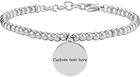 JewelryWe Schmuck Personalisiert Armband Damen Perlenarmband Kugelarmband mit Rund Kreis Anhänger Edelstahl verstellbar Armreif Armkette Gravur Silber