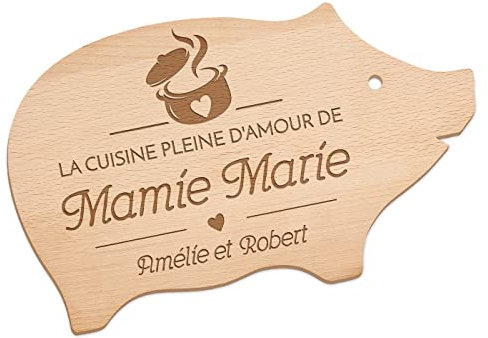 Maverton Planche à découper personnalisable - Plateau en bois en forme de cochon avec gravure pour elle - pour anniversaire - Accessoires cuisine pour femmes - Pour chef - mamie