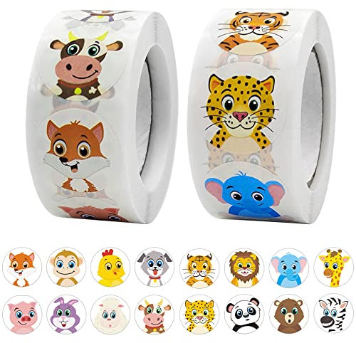 2 Rouleaux Stickers Animaux Ronds,1000pcs 2.5cm Autocollants de Récompense et Motivation,Autocollants d'Etiquette Self-Adhesive pour Enfant Décoration Pâques Cadeau Enveloppe Récompense d'Enseignant