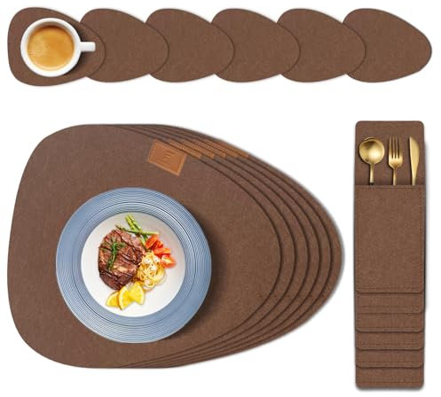 Tischsets Abwaschbar Platzsets aus Filz 18er Set, shinfly Tischsets Abwischbar Rund, Hitzebeständig rutschfest Platzdeckchen mit Untersetzer, BestecksäCken für Küche, Speisetisch 【Dunkelbraun】