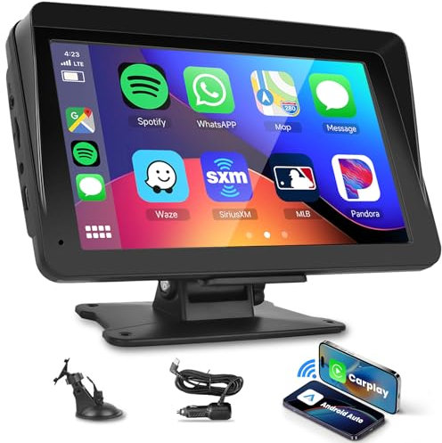 Podofo sans Fil Carplay Autoradio 7'' Écran Tactile Android Auto Airplay Bluetooth AUX FM Transmitter Radio Portable Base Réglable Installation Facile à Double Sens DC7-32V