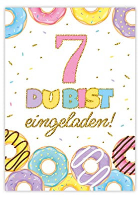 Minkocards 12 Einladungskarten zum siebten Kindergeburtstag 7. Geburtstag Mädchen Donuts Einladungen zum Geburtstag Kinder bunte Geburtstagseinladungen