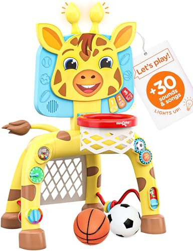 Move2play, Giraffe Basketball Hoop & Football Goal Activity Center | 30+ Sounds & Songs + 5 Lights | 1 2 3 Year Old Birthday Gift for Boys and Girls | Toy for Baby & Toddlers