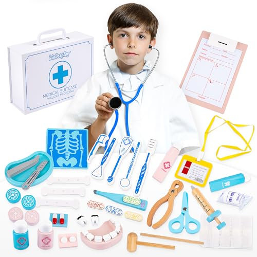 Arztkoffer Kinder aus Holz – 39-teiliges Doktorset mit Zahnarzt-Zubehör – Rollenspiel ab 3 Jahren – Tragbarer Kinder Arztkoffer – Kinderplay Green Series GS9931