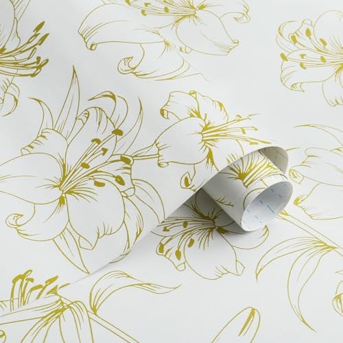 Fiula Floral Peel and Stick Wallpaper 44x300CM Self Adhesive Wallpaper Renter Friendly Wallpaper Removable Living Room Bedroom Thicken Vinyl Wrap for Furniture Sticky Back Wallpaper White Yellow