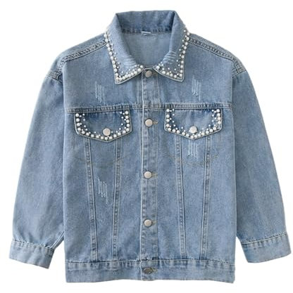 Rolanko Giacca Jean per Ragazze, Giacca Trucker di Base in Denim Invecchiato Abbottonatura Camicie di Jeans, Blu Perla, Taglia: 160
