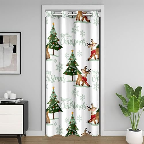 richhome Merry Christmas - Tenda per porta con disegni di alberi di Natale verde acquerello, tenda per porta dell'armadio, motivo: alci, cervi selvatici, animali selvatici, per camera da letto,
