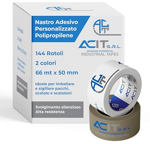 ACIT Nastro adesivo personalizzato, Nastro da imballaggio per pacchi e scatoloni per trasloco, nastro adesivo personalizzato con logo, 144 rotoli 2 o 3 colori, 66 mt (2 colori)