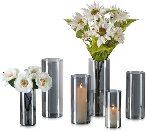Hewory Vase Schwarz für Deko Wohnung: 6 Vasen Set Schick Blumenvase Modern Groß Glasvasen für Tischdeko - Schönes Glasvase Zylinder Windlicht Glas Schwarz Vase Grau für Geschenk Freundin Esstisch Deko