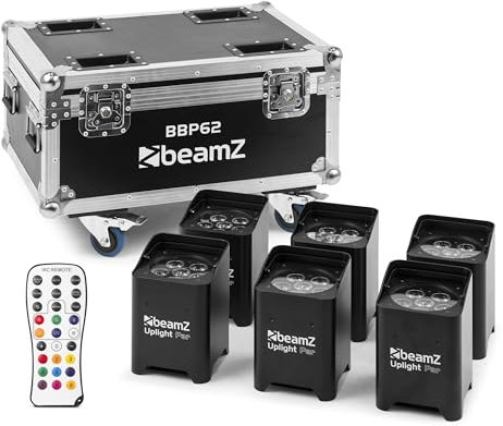BeamZ BBP62 Akku LED Strahler Spots 6er Set Uplights inkl. Flightcase mit Aufladefunktion, IP65 DMX Licht 6-in-1 RGBWA-UV LED Akku Strahler Dimmer, WDMX Sender, Easy Charge Case - Schwarz