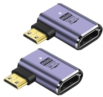 PNGKNYOCN Adattatore Mini HDMI 8K a 90 gradi, confezione da 2 pezzi 48Gbps ad angolo sinistro Mini HDMI maschio a HDMI femmina versione 2.1 connettore bidirezionale (Left Bend)