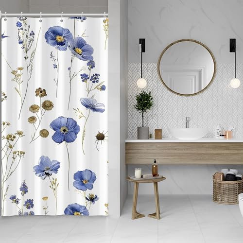 ASDCXZ Rideau de douche 90 x 180 cm, motif printemps, aquarelle, fleurs, plantes, blanc, lavable, étroit, en polyester, imperméable, pour baignoire, avec 6 crochets